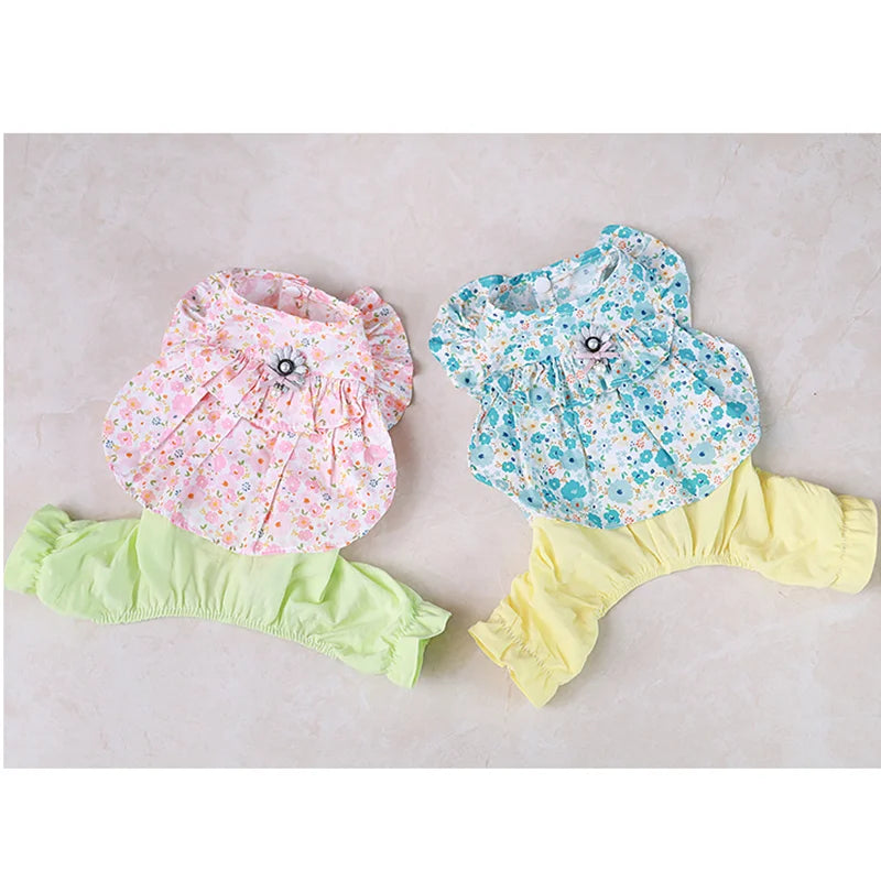 Pet Clothes Cute Dog Cat JumpSuit Spring Summer Floral Four-legged Clothing Flying Sleeve Vest Pajamas Soft Puppy Pants Shirt