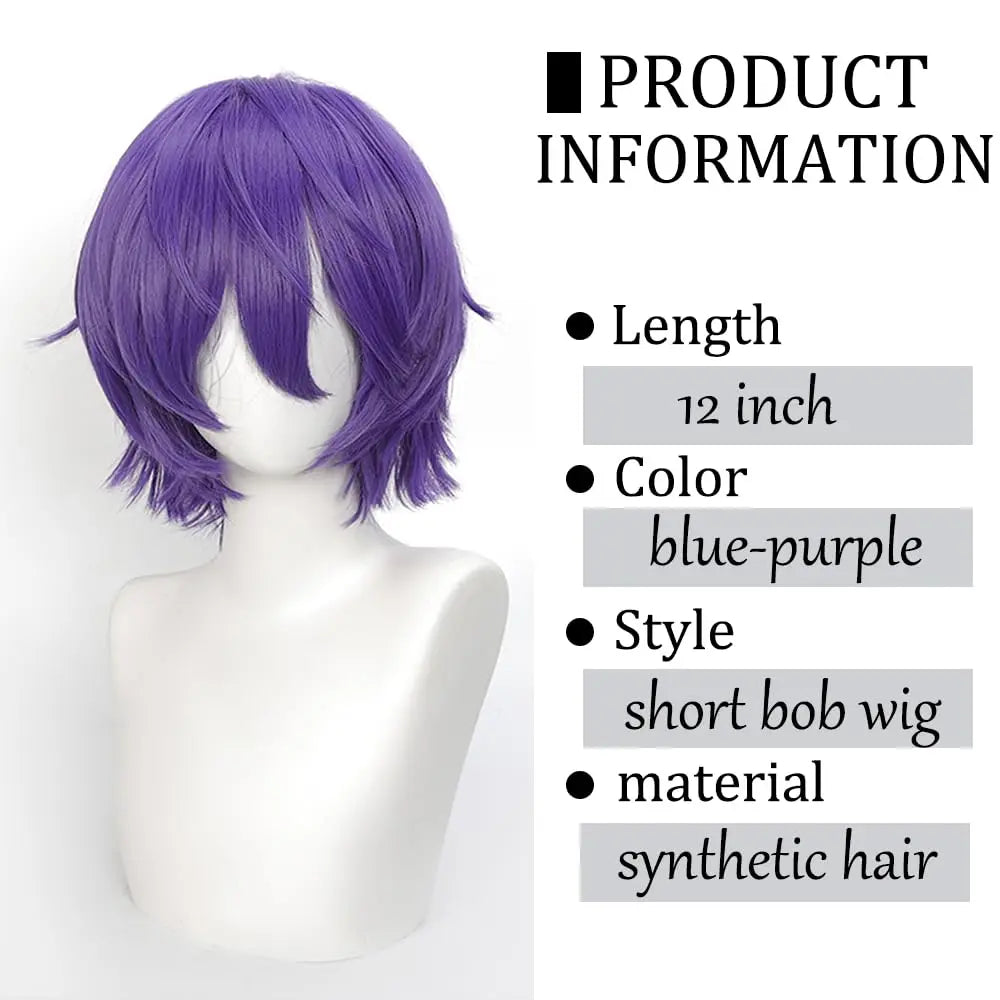 Short Cosplay Wigs 12 Inch Blue purple Short Wavy Bob Hair with Bang Spiky Anime Hair Cosplay Heat resistant Synthetic Fiber Wig