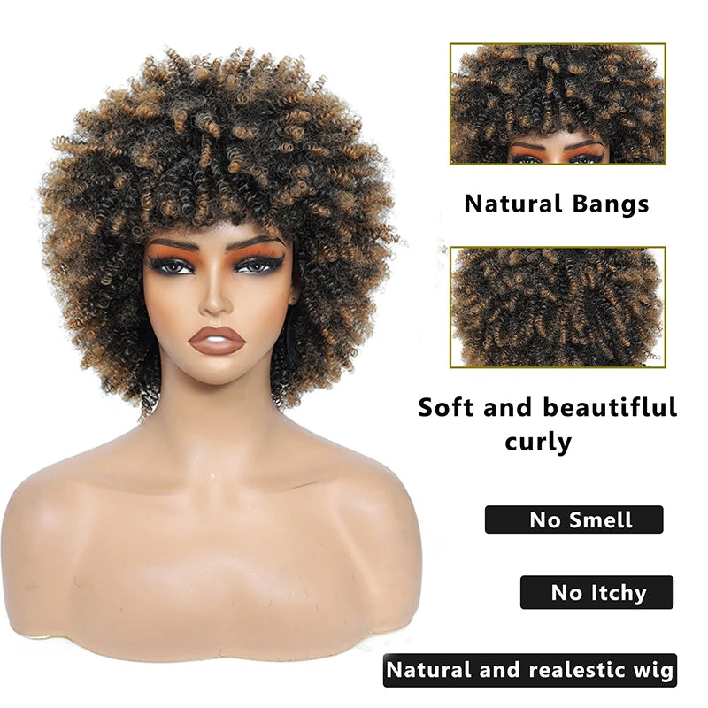 Short Kinky Curly Hair Wig for Black Women 12 Inch Afro High Puffy Curly Wigs With Bangs Synthetic Afro Kinky Curly Wig Cosplay