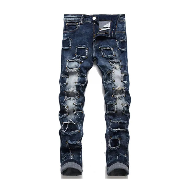 2025 Punk Y2K Style Rivet Design Black Slim Jeans Pants For Men Clothing Streetwear New Rock Cotton Long Trousers Ropa Hombre