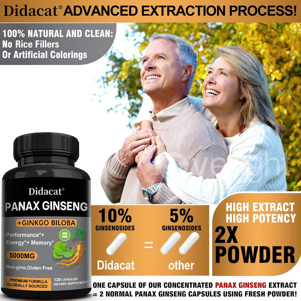 Korean Red Panax Ginseng with Ginkgo Biloba Capsules High Potency for Male Natural Health Supplement - Non-GMO, Vegan