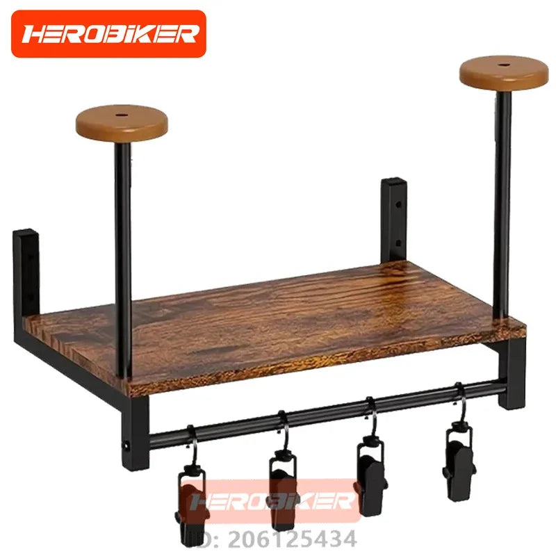 Motorcycle Helmet Wall Mount Wooden Shelf With Adjustable Hooks Sturdy Durable Storage For Motocross Bicycle Accessories