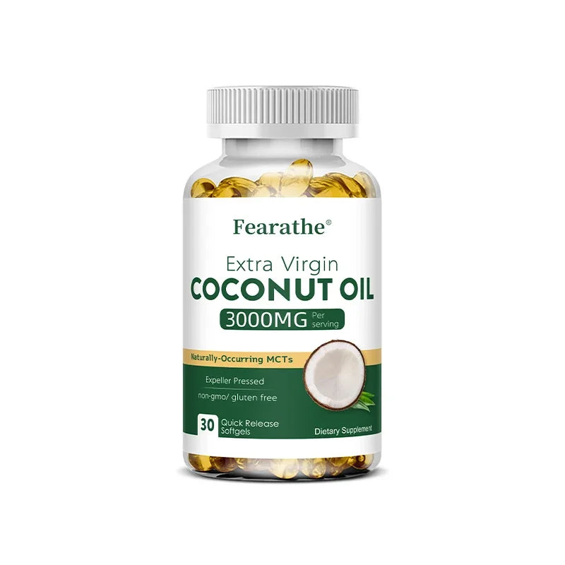 Extra Virgin Coconut Oil, 3000mg, 30/60/120 Softgels, Expeller Pressed Supplement Support for Hair, Nails & Skin Health, Non-GMO