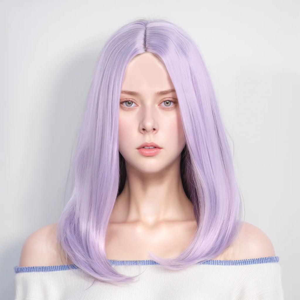 Short Straight Hair Wig with Inward Curls and Middle Parting in Light Purple for Women's Outfits. Soft Synthetic, Heat-Resistant, and Durable. Suitable for Daily Wear, Outfits, and Parties. Cosplay Wig, Party Supplies, Hair S