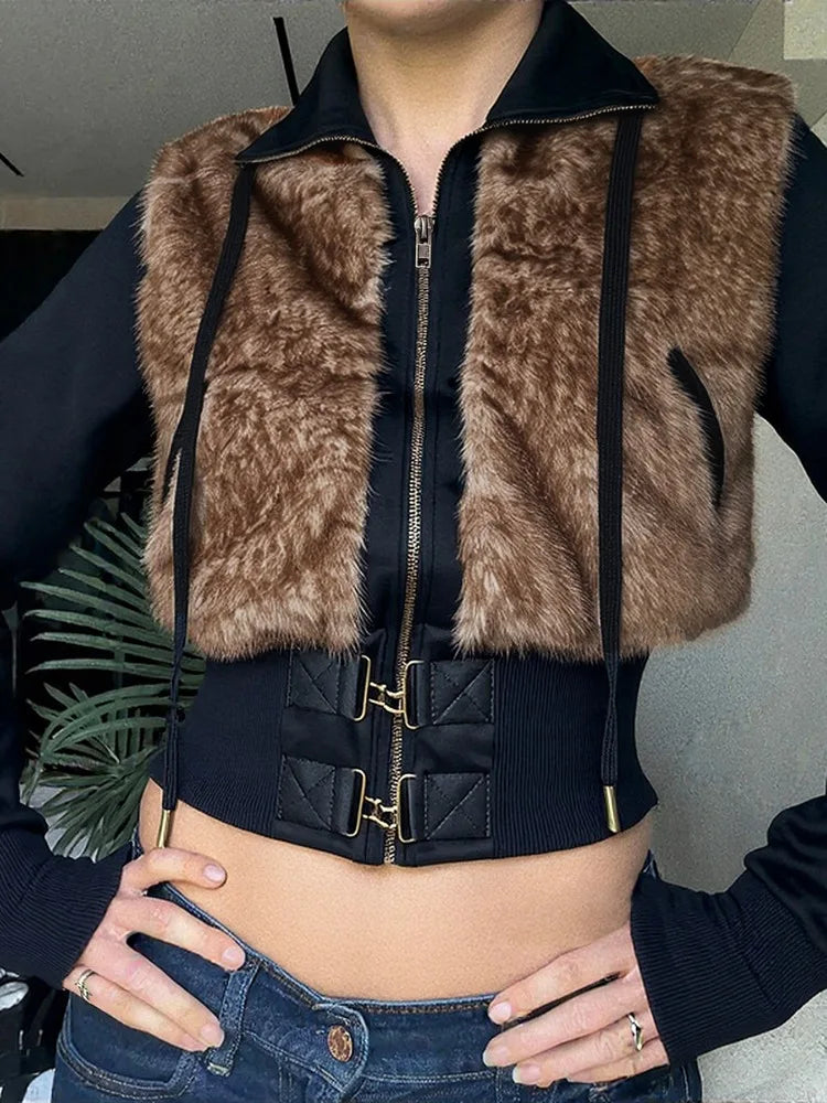 AltGoth Gothic Y2k Warm Jacket Women Vintage Streetwear Harajuku Grunge Emo Alternative Fur Patchwork Long Sleeve Coats Female