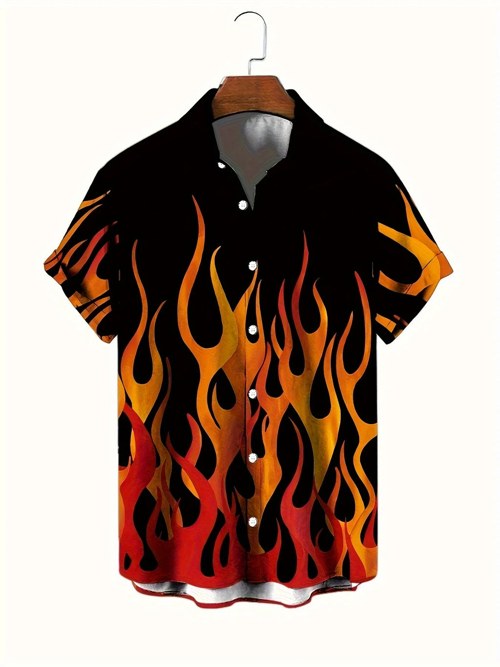 Flame Pattern Hawaiian Shirt Personality Hip Hop Gradient Fire Print Streetwear Skateboard Style Casual Lapel Short Sleeve Tops