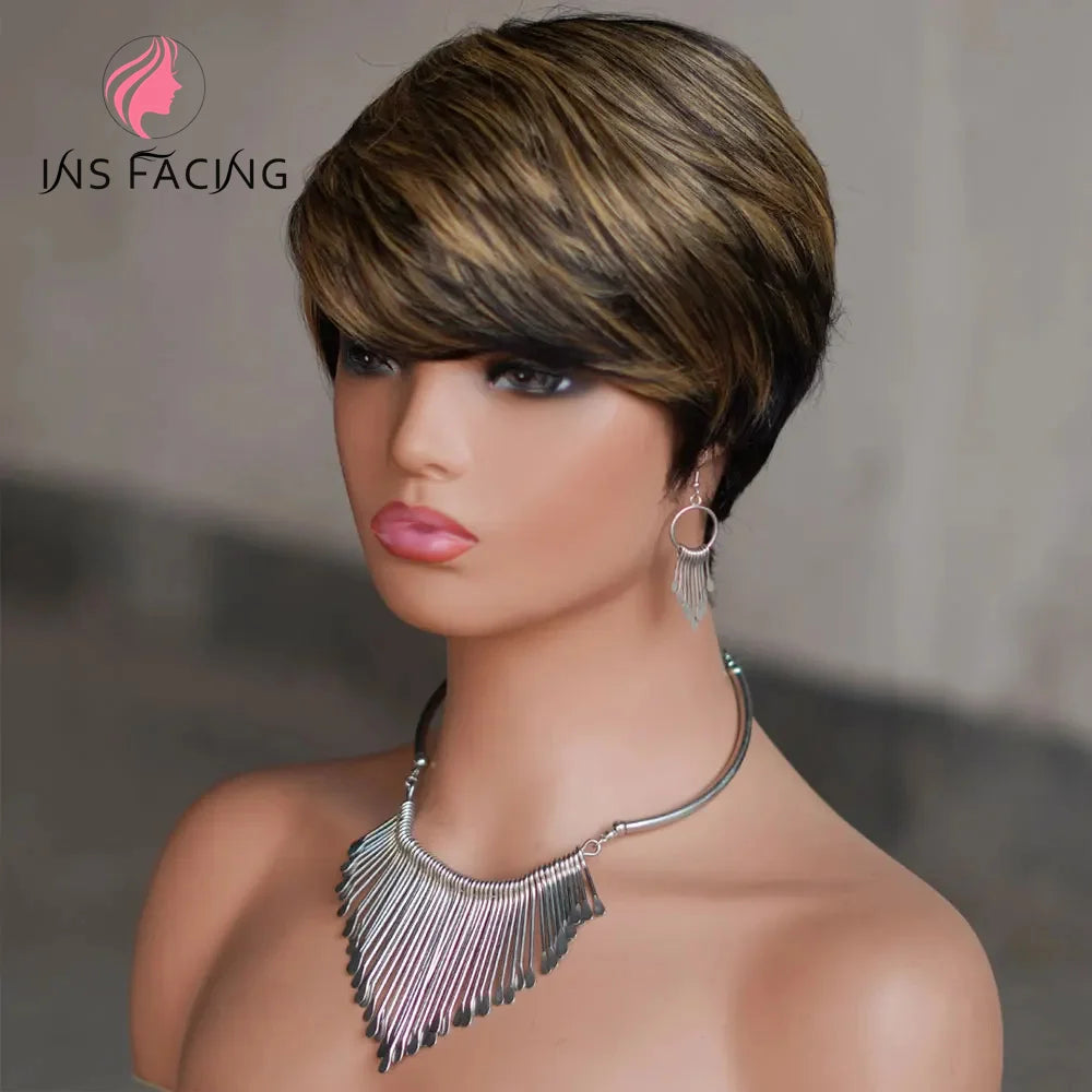 INS FACIN Short Bob Wigs None Lace Front Brazilian Remy Human Hair Wigs with Bangs Kinky Curly Wigs for Women 180% Density