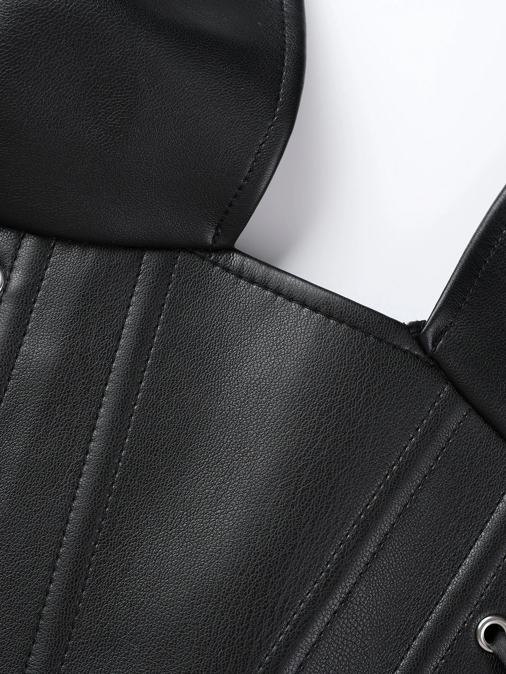 Punk girl collar style faux leather corset with multiple straps and fish bone elastic waistband for shaping the body. Tight top.
