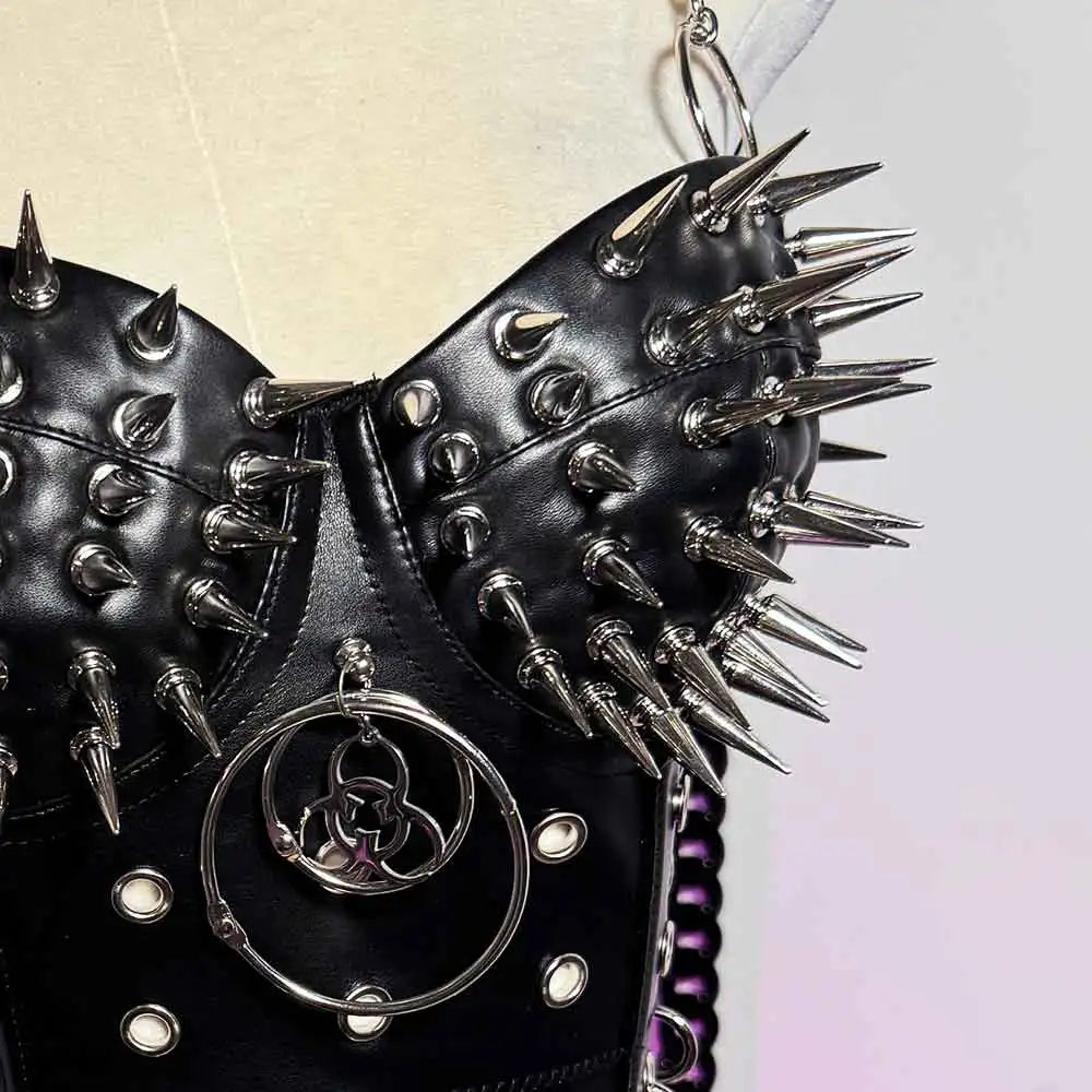Gothic Emo Punk Rock Women's Top with Spikes Grunge PU Leather Spiked Tank Y2K Style Sexy Rave Festival Club Wear Goth Clothing