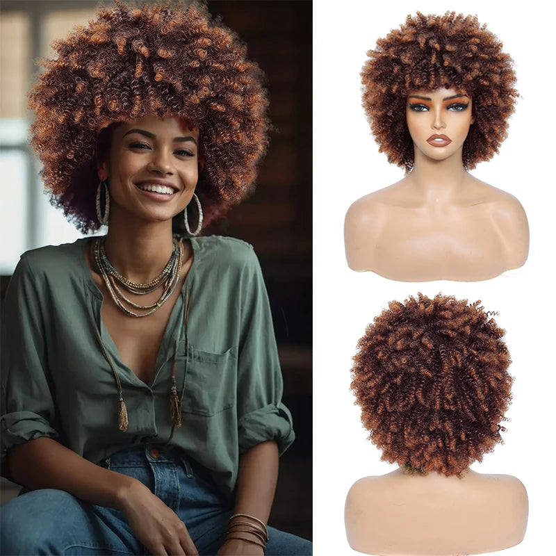 Short Kinky Curly Hair Wig for Black Women 12 Inch Afro High Puffy Curly Wigs With Bangs Synthetic Afro Kinky Curly Wig Cosplay