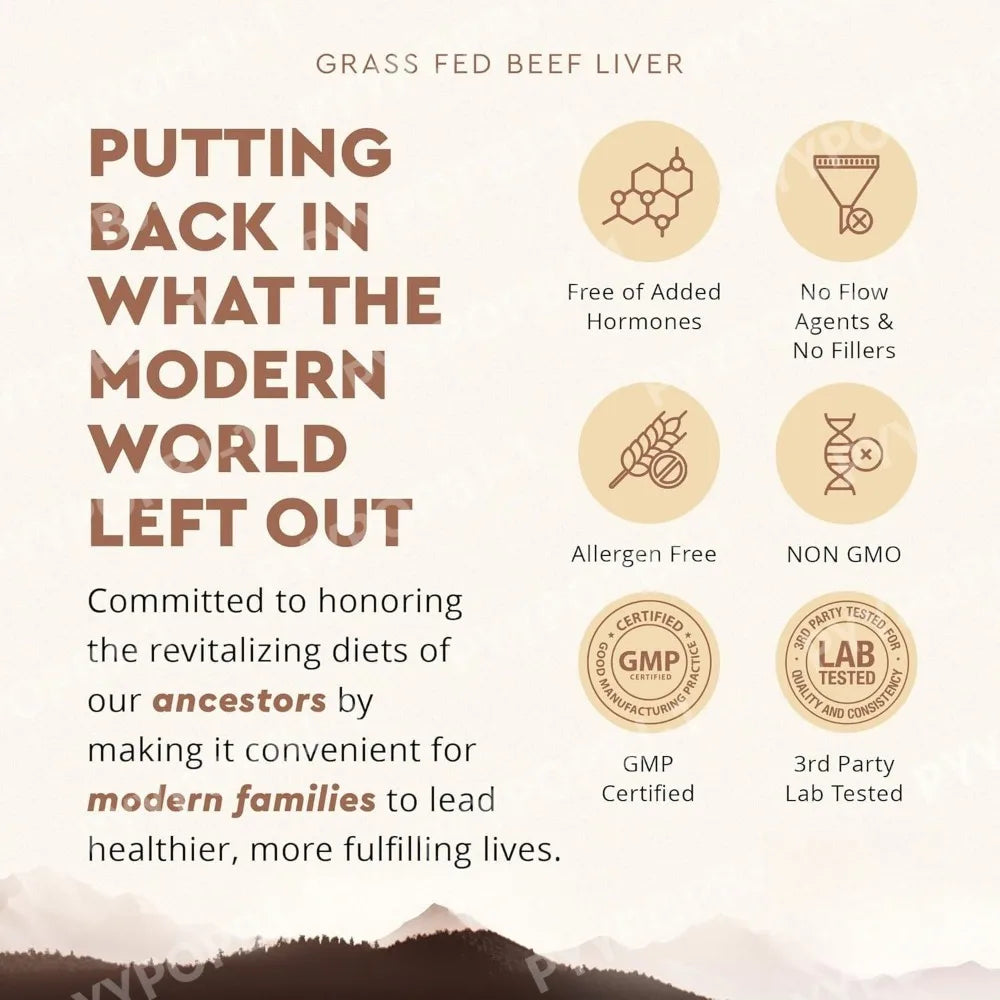 Grassfed Beef Liver Capsules 500mg Each, Pasture Raised Bovine Liver Supplement, Non GMO, 180 Capsules