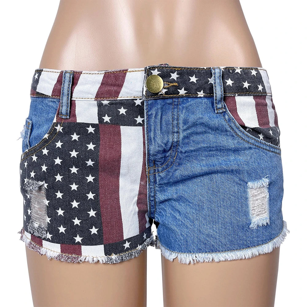 Women USA National Flag Denim Jeans Shorts Low Waist American Flag Mini Shorts Printed Pole Dance Skinny Vintage Pants Jeans