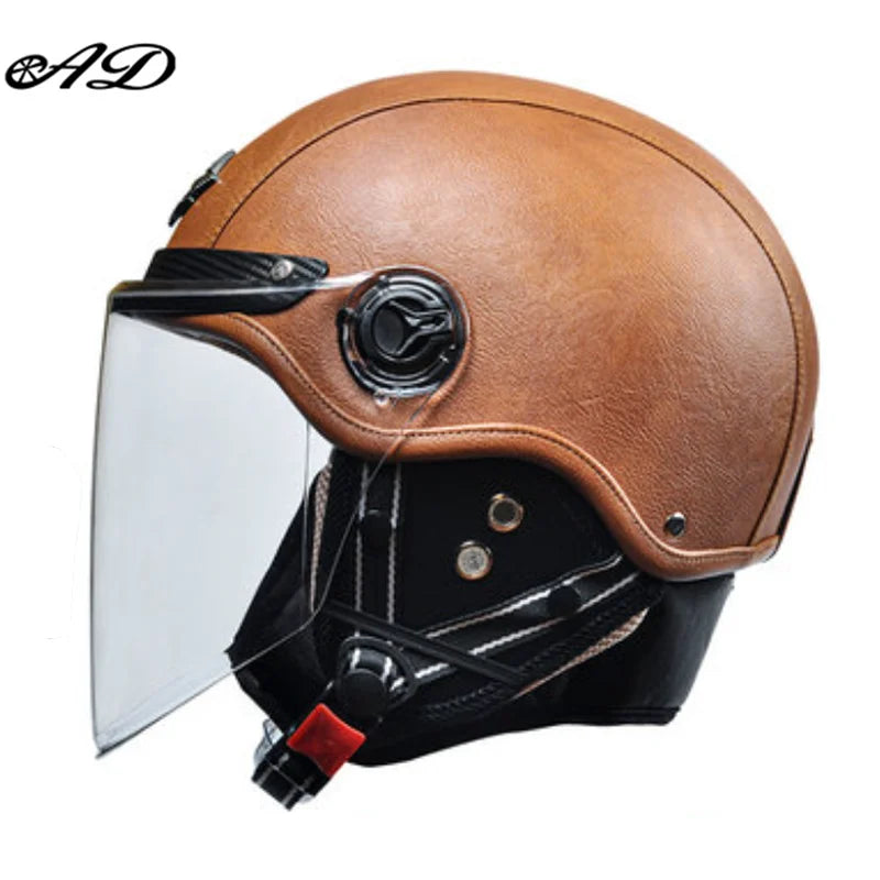 AD Retro Motorcycle Helmets with Harley Visor Leather Helmet for Man Electric Motorbike Vintage Protected Motor Safety Cap