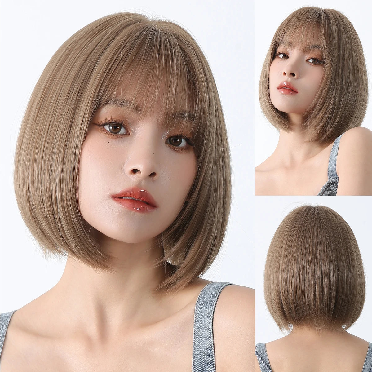 Short Straight Bob Wigs for Women Black Brown Synthetic Natural Hair Wig with Bangs Heat Resistant Cosplay Daily Use Hair