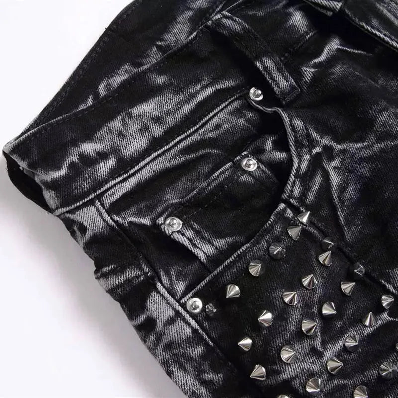 2025 Punk Y2K Style Rivet Design Black Slim Jeans Pants For Men Clothing Streetwear New Rock Cotton Long Trousers Ropa Hombre