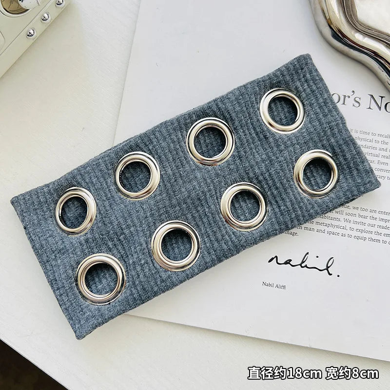 Punk Girl Fabric Hollow Elastic Headbands Metal Rock Personalized Hollow Eyelets Hair Band Casual Sports Grommet Headband