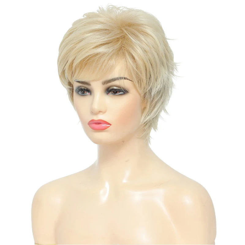 HAIRJOY Short Curly Blonde Wigs  Pixie Cut Wig for Women Synthetic Hair Wig with Bangs