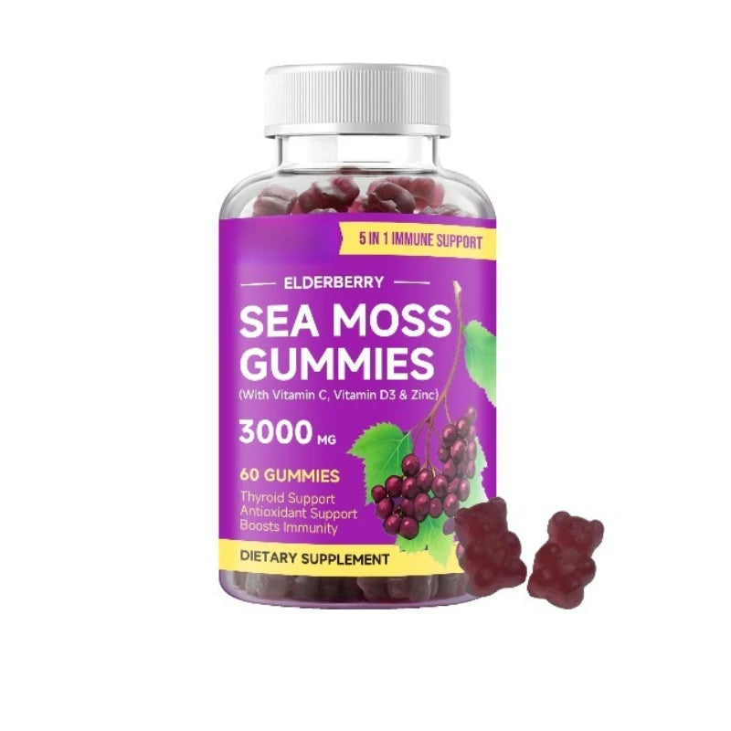 Elderberry Sea Moss Gummies with Vitamin C & D3 Zinc 60 Vegan Gummies Daily Wellness Supplement for Adults Hair Skin Nails Care