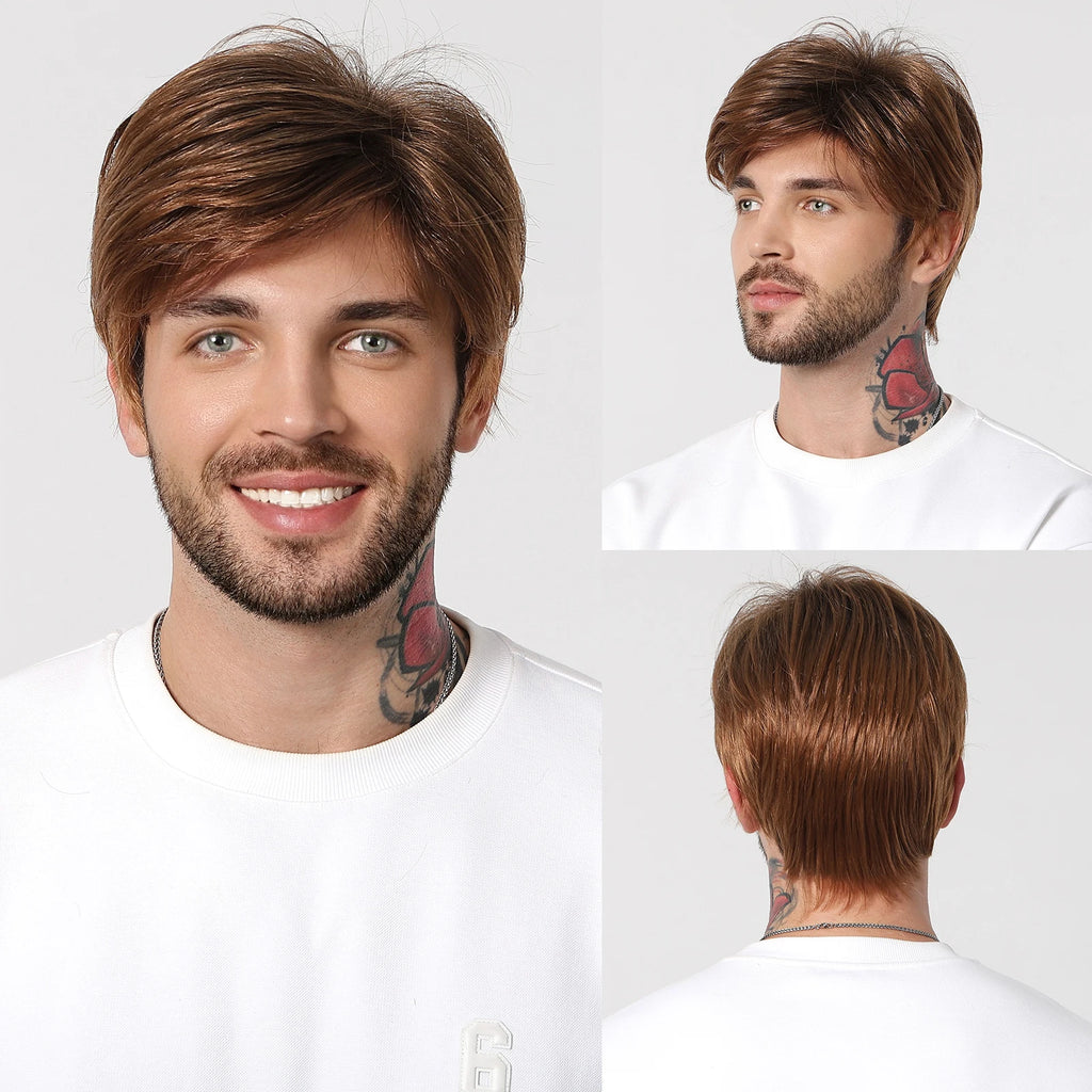 ALAN EATON Dark Brown Short Wig for Men Side Part Synthetic Layered Wigs with Bangs Natural Looking Synthetic Hair Full Wig