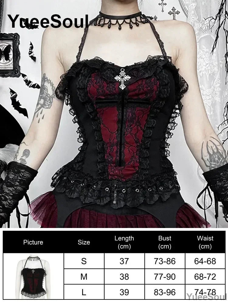 Gothic Crop Tops Black Lace Mesh Tanks Tops 2026 New Y2K Goth Punk Grunge Fairy Core Sexy Y2K Halloween 2000s Women Clothing