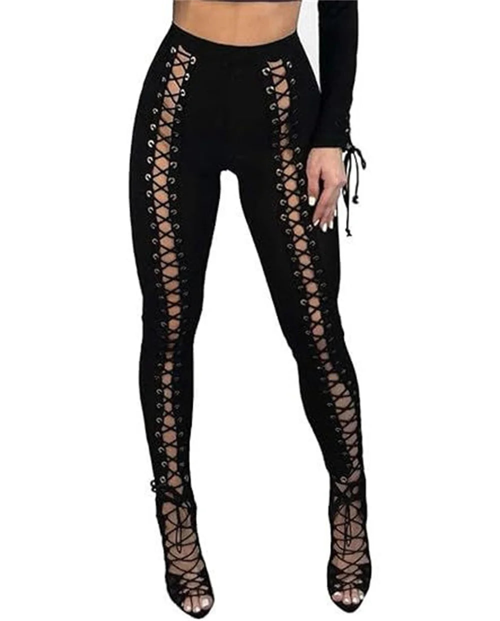 Women Lace Up Pants Chic Punk Skinny Legging Pants Slimming Trousers Gym Hole and Bandge