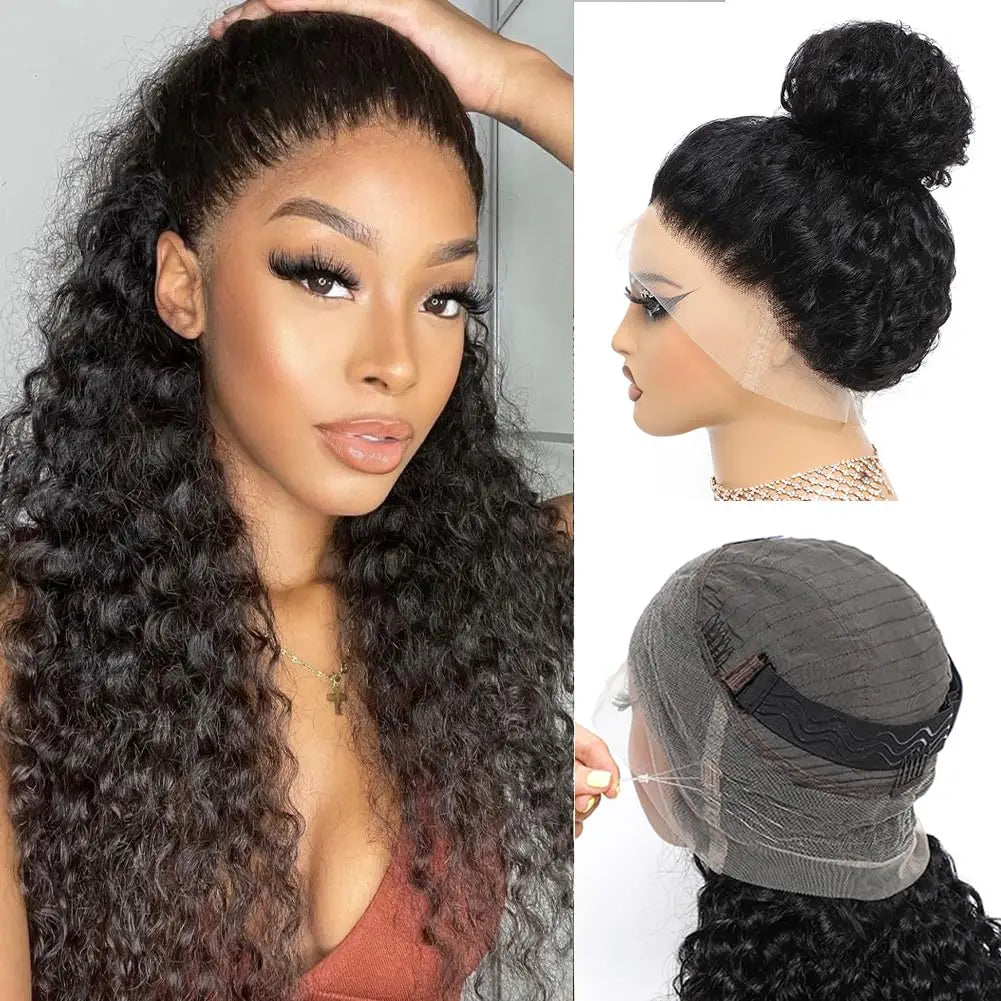 24 inch Hidden Strap 360 Front Wigs Human Hair Glueless 360 Full Lace Deep Wave Curly Human Hair Wig with invisible Drawstring