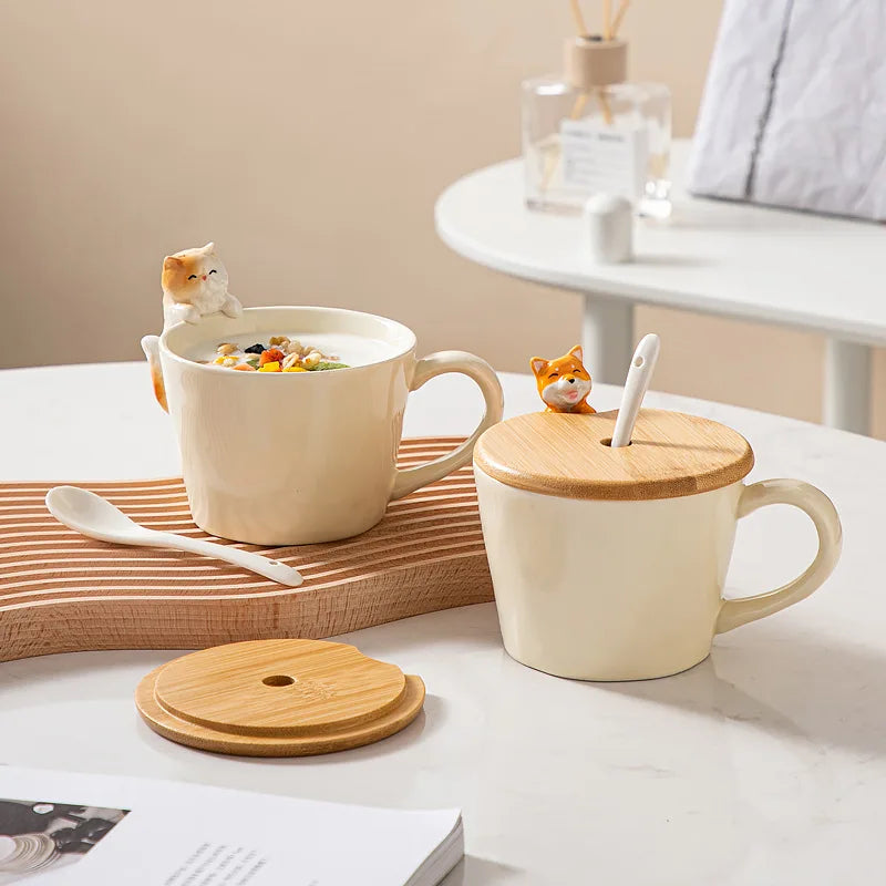 Tea Dog Cat 3D Shaped Cup Cartoon Ceramic with Cover Cute Mug Coffee Cups Birthday Gift Dessert Milk Mugs Home Decoration Couple