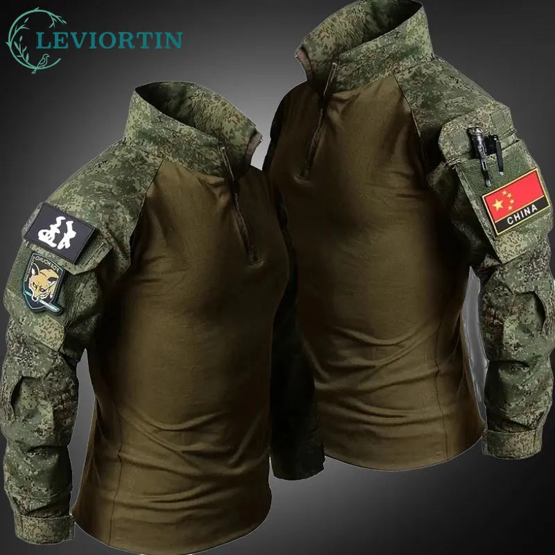 Mens Tactical T-shirt Camouflage Patchwork Outdoor Quick Drying Training Tops Half Zip Stand Collar Waterproof Hunting Pullover