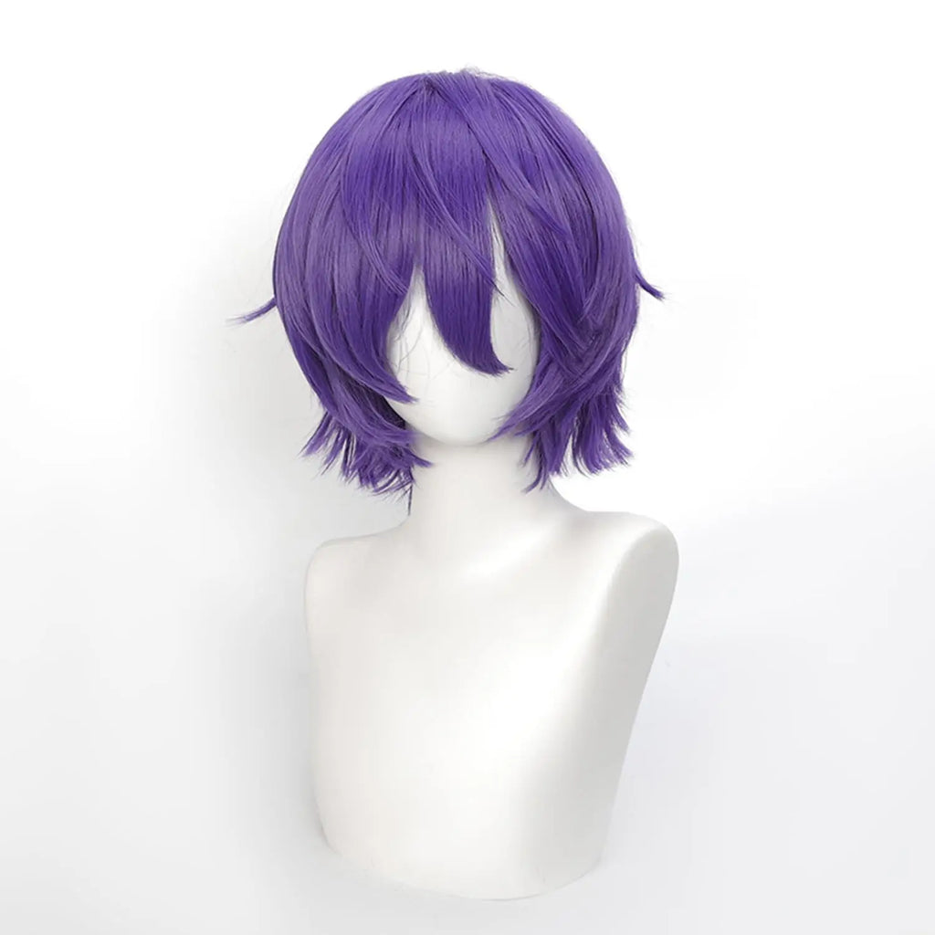 Short Cosplay Wigs 12 Inch Blue purple Short Wavy Bob Hair with Bang Spiky Anime Hair Cosplay Heat resistant Synthetic Fiber Wig