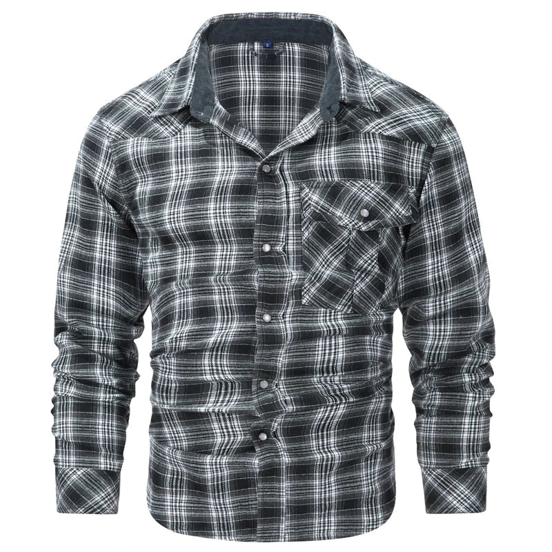 Spring Autumn Men's Plaid Shirts Men Retro Pearl button Long Sleeve Cotton Shirt Mens Windbreaker Flannel Shirt Clothing