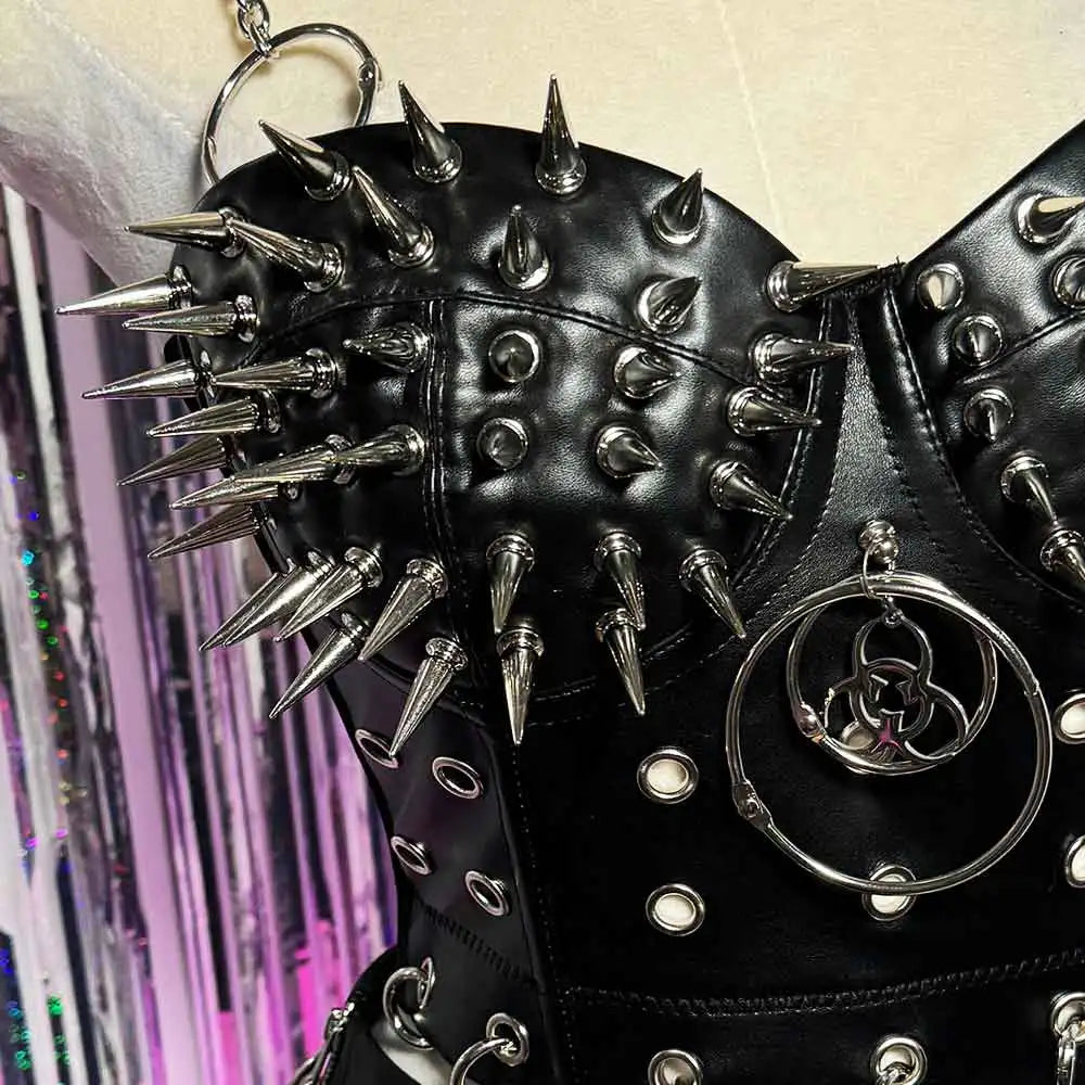 Gothic Emo Punk Rock Women's Top with Spikes Grunge PU Leather Spiked Tank Y2K Style Sexy Rave Festival Club Wear Goth Clothing