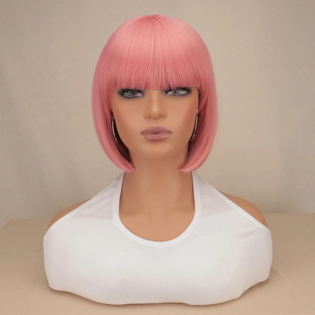 Short Bob Wig With Bangs Synthetic Wigs For Women Black Blonde Pink Lolita Cosplay Party Natural Hair Perruque Bob