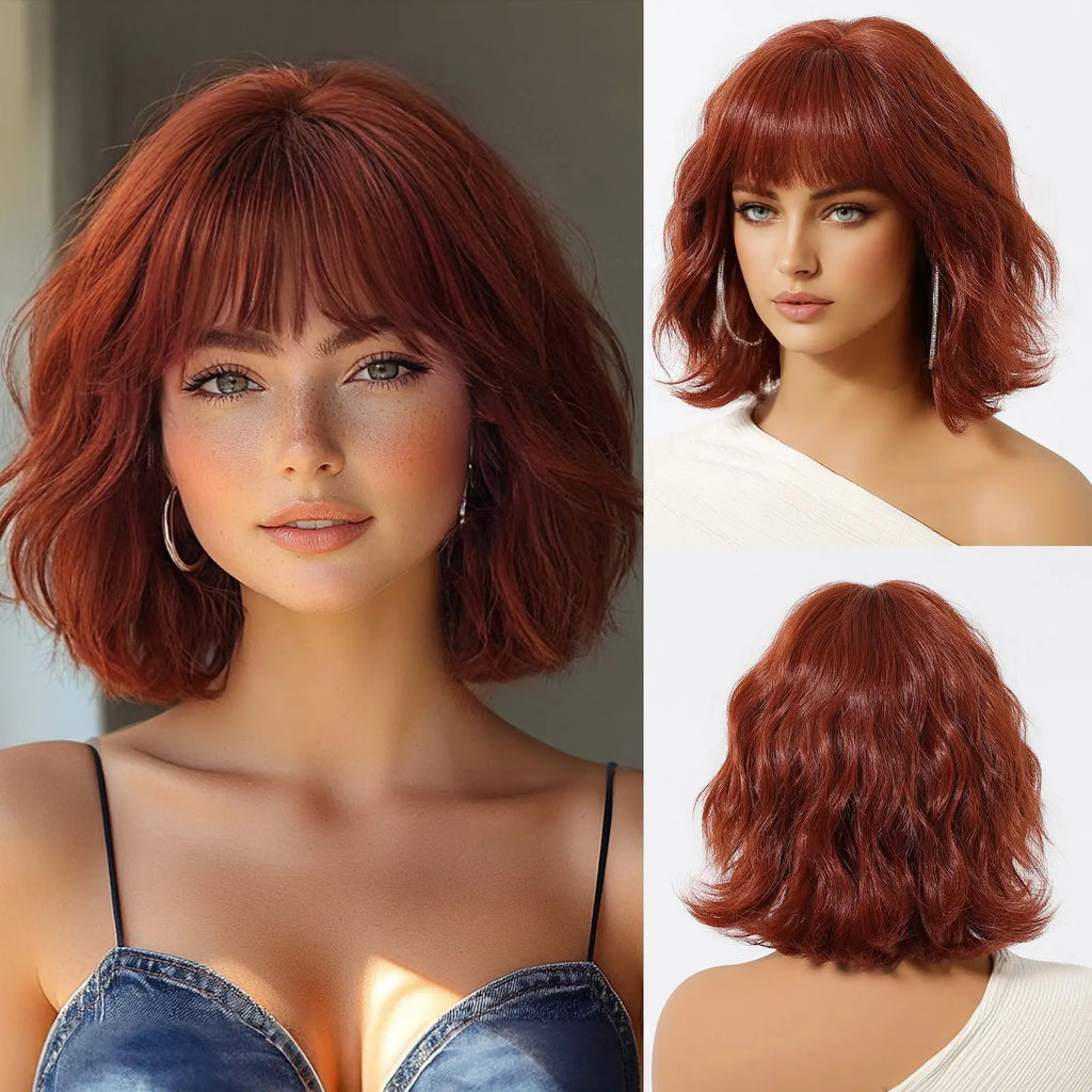 Short Straight Bob Wigs for Women Black Brown Synthetic Natural Hair Wig with Bangs Heat Resistant Cosplay Daily Use Hair