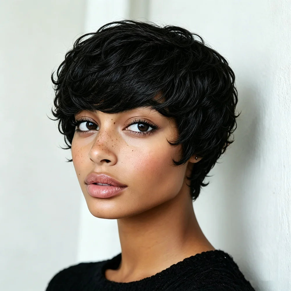 Short Layered Pixie Wigs Human Hair 100% Natural Realistic Tangle Free Pre Plucked Full Machine Made With Bangs For Women