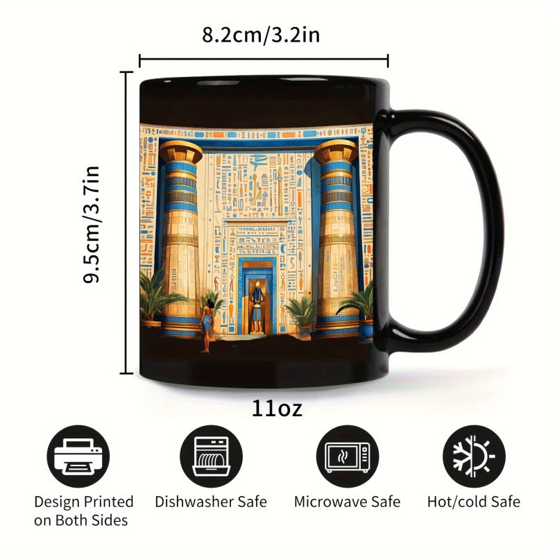 A black Egyptian temple designed ceramic cup with hieroglyphics and columns is suitable for drinking coffee, tea, or water at ho