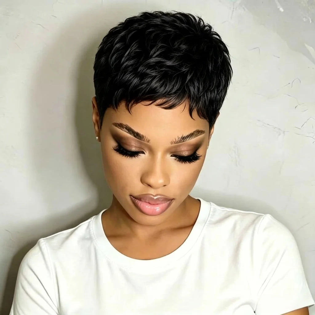 Brazilian Human Hair Pixie Cut Wig Short Wave Machine Made Wigs for Women