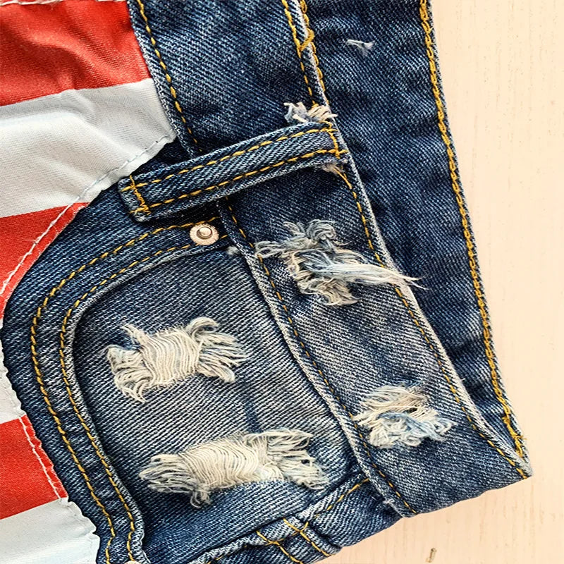 American Flag Fringed Star Printed High Waist Denim Shorts for Women