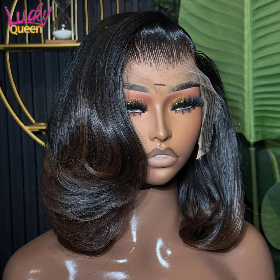 Real Human Hair Wig Body Wave Ombre Brown Colored Short Bob Hair 13x4 Lace Front Human Hair Wigs For Women  Upgrade Glueless