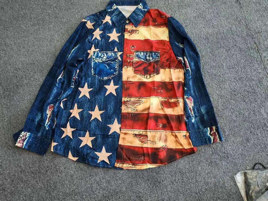 Vintage Men's Long Sleeve Shirt American US Flag Patriotic Shirt Button Up Streetwear Casual Comfort Polyester Slim Fit Shirts