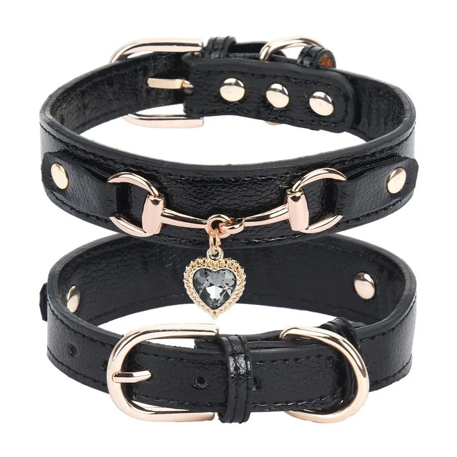 New Dog Collar Love Water Diamond PU Collar Metal Accessories Cat Neck Ring Fashion Design Cat Necklace