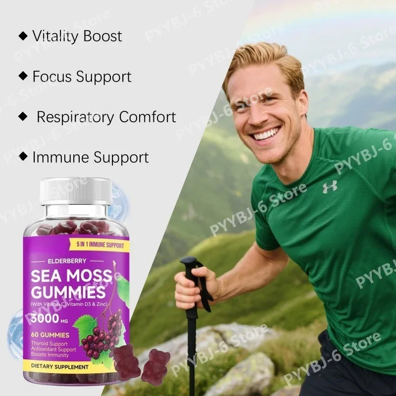 Elderberry Sea Moss Gummies with Vitamin C & D3 Zinc 60 Vegan Gummies Daily Wellness Supplement for Adults Hair Skin Nails Care