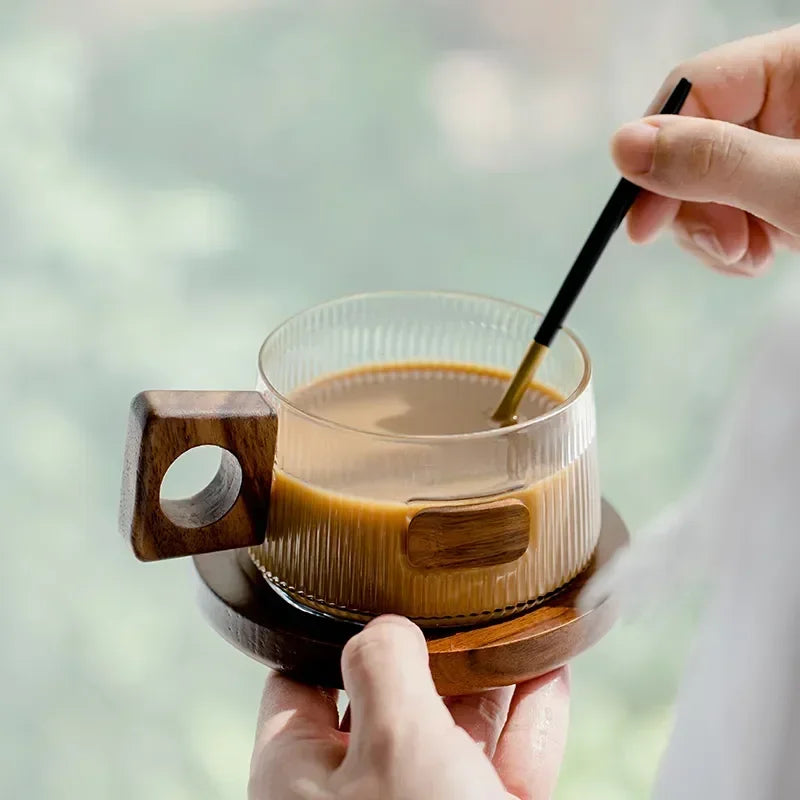 Simple coffee mug set Tea cups 250ml Office Glass Water Mug Casual Afternoon Tea Cup with tray Spoon Kung Fu Beverage Mug