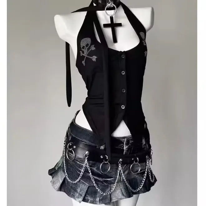 Punk Vintage Y2K Subculture Halter Vest Gothic Skulls Print Tanks New Women's Halter Top Harajuku Sexy Slim Tops Women Clothing