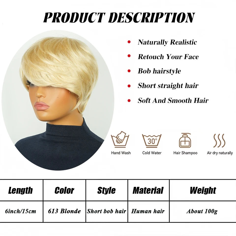 Women'S Short 613 Blonde Straight Bob Pixie Cut Human Hair Layered Wig With Bangs Full Machine Made Universal Wig For Daily Wear