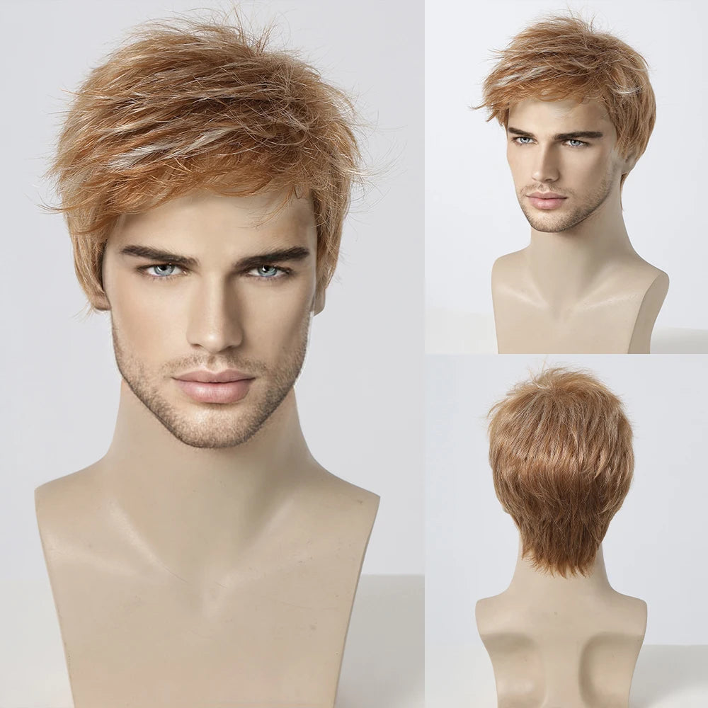 ALAN EATON Dark Brown Short Wig for Men Side Part Synthetic Layered Wigs with Bangs Natural Looking Synthetic Hair Full Wig