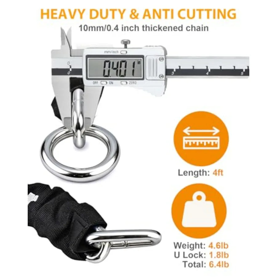 Heavy Duty Motorcycle Chain Lock 18mm Shackle 4FT x 10mm Thickness Security Chain with 3 Keys for Ebike Escooter Moped and Gate