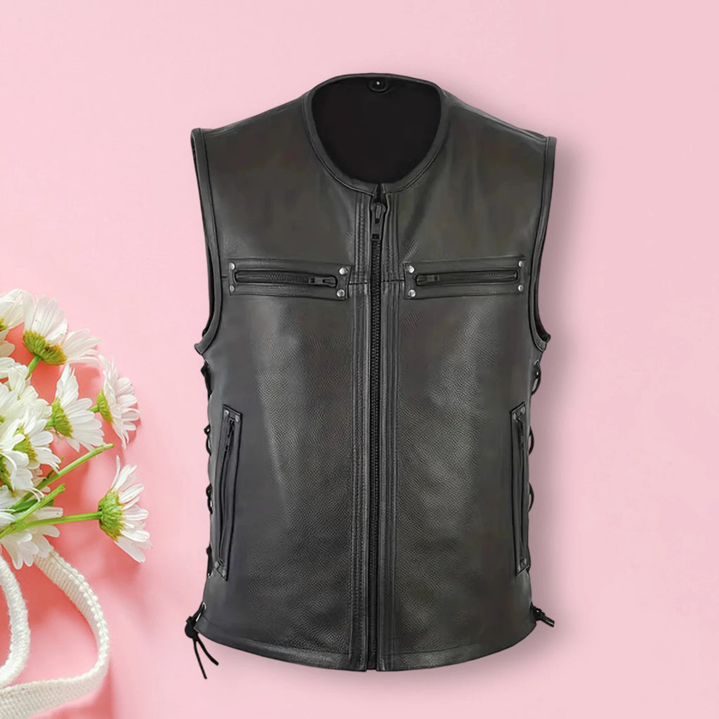 Men's Motorcycle Vests with Pockets Fashionable Leather Solid Color Zipper Up Sleeveless Jacket