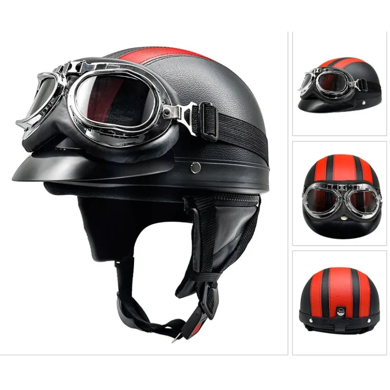 Retro Leather Motorcycle Helmets For Men Women Vintage Moto Half Helmet With Goggles Four Seasons Riding Scooter Capacetes