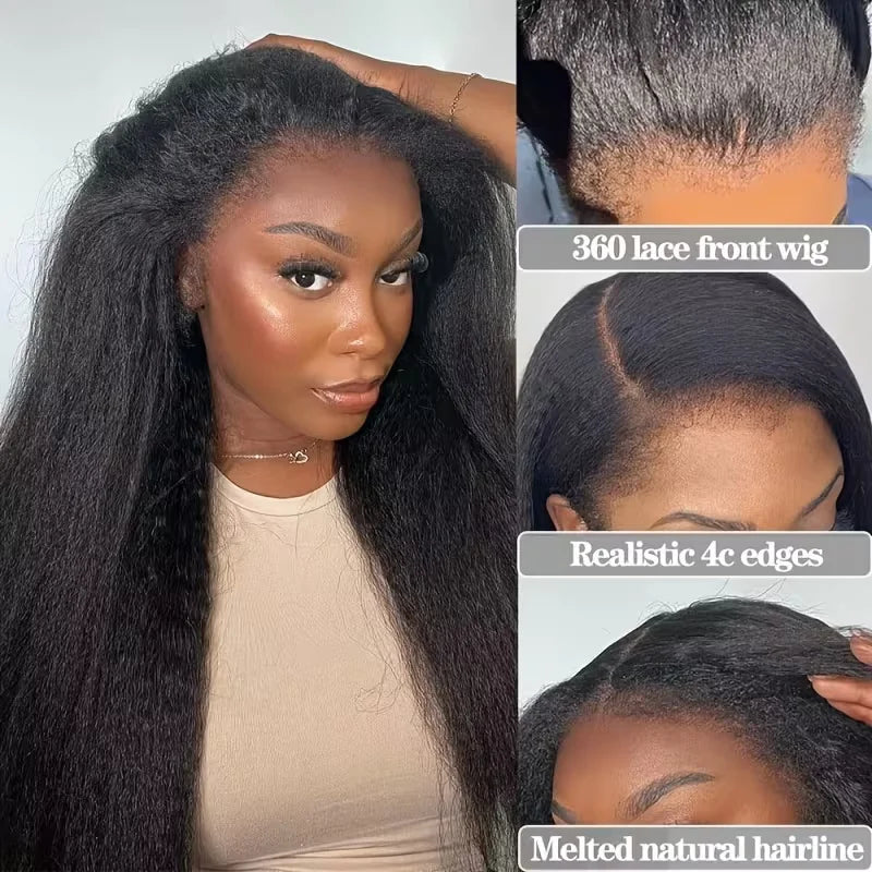 Invisible Strap 360 Hd Full Lace Wig Kinky Straight Human Hair Wigs Natural Color 220% Density Drawstring Snug Fit Glueless Wigs