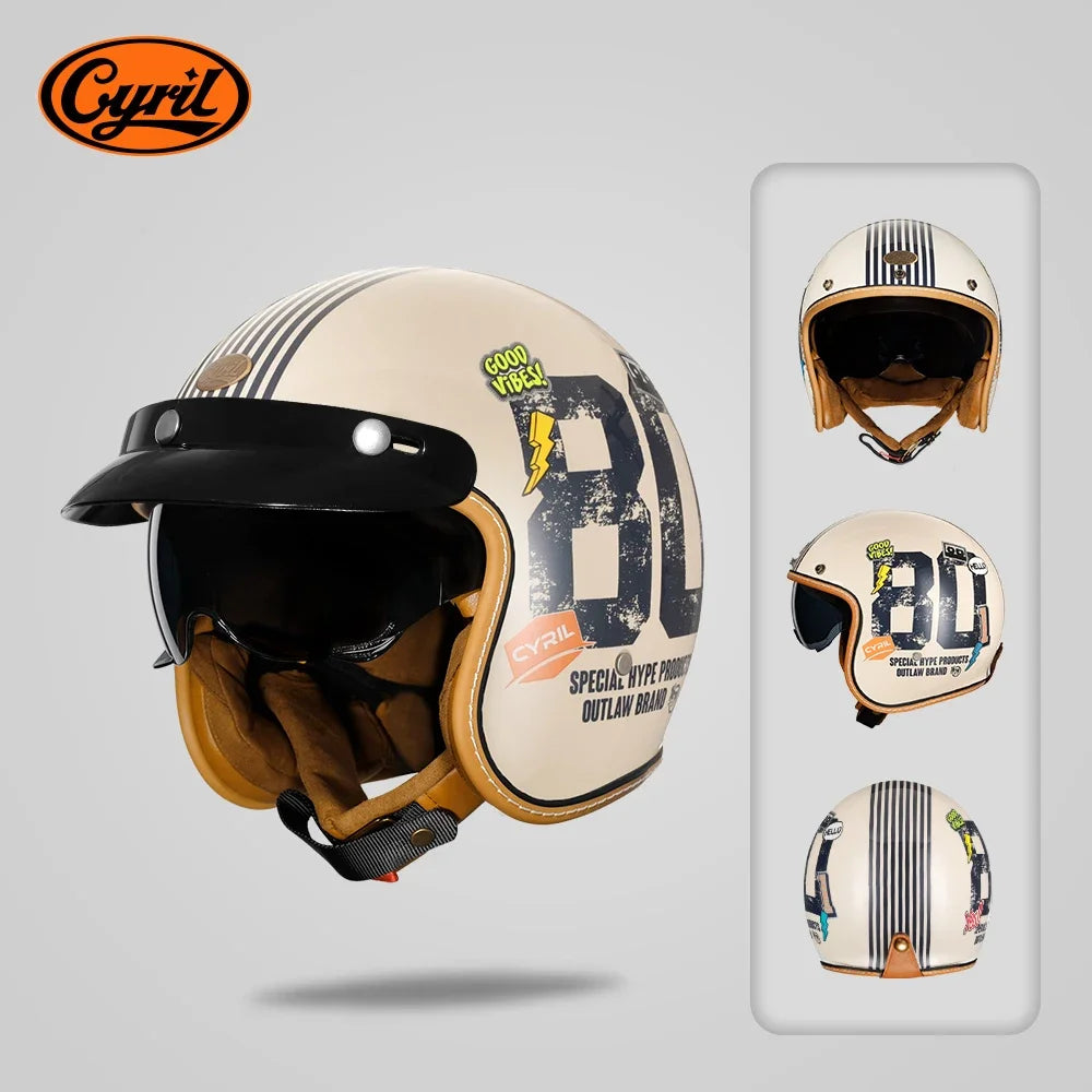 Retro 3/4 Open Face Half Motorcycle Helmet CYRIL B206 Lightweight Adult Vantage Jet Helmet for Men Women DOT ECE Approved